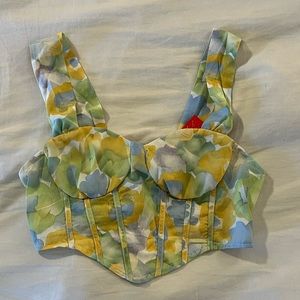 Green/Yellow Floral Cropped Bustier Corset Top from Cider